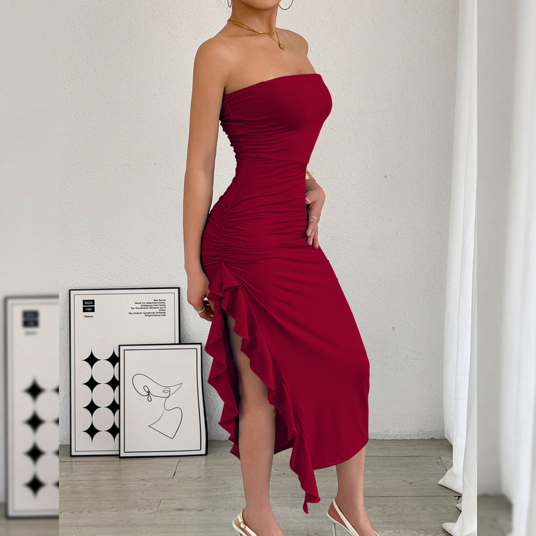 Black Strapless Ruched Ruffle Slit Midi Dress