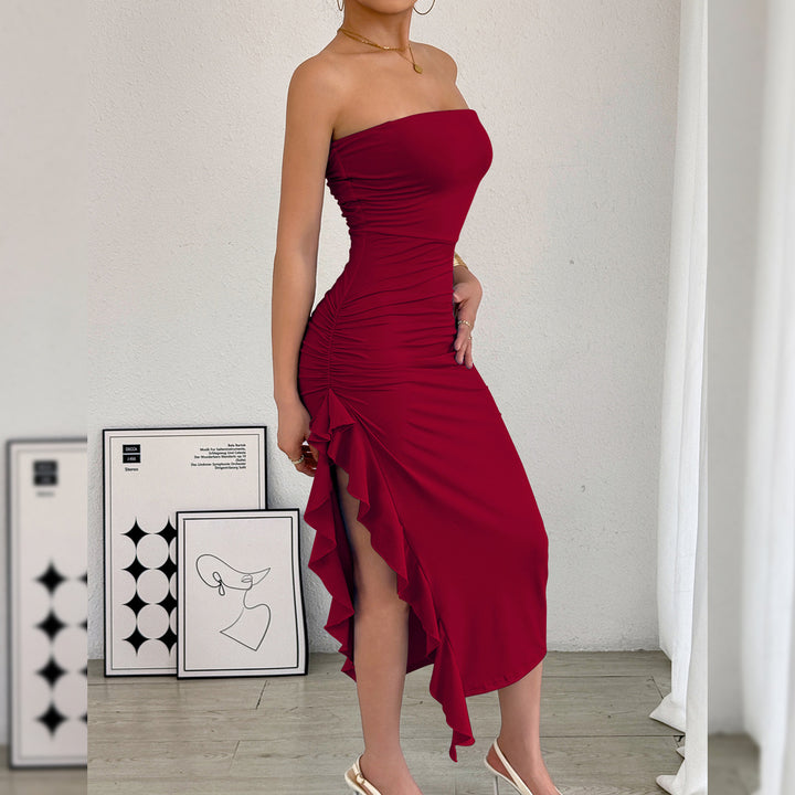 Black Strapless Ruched Ruffle Slit Midi Dress