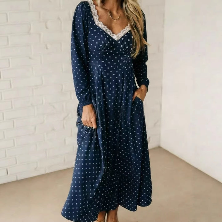 Polka Dot Lace Trim Midi Dress, V-Neck Puff Sleeve Smocked Back Summer Dress