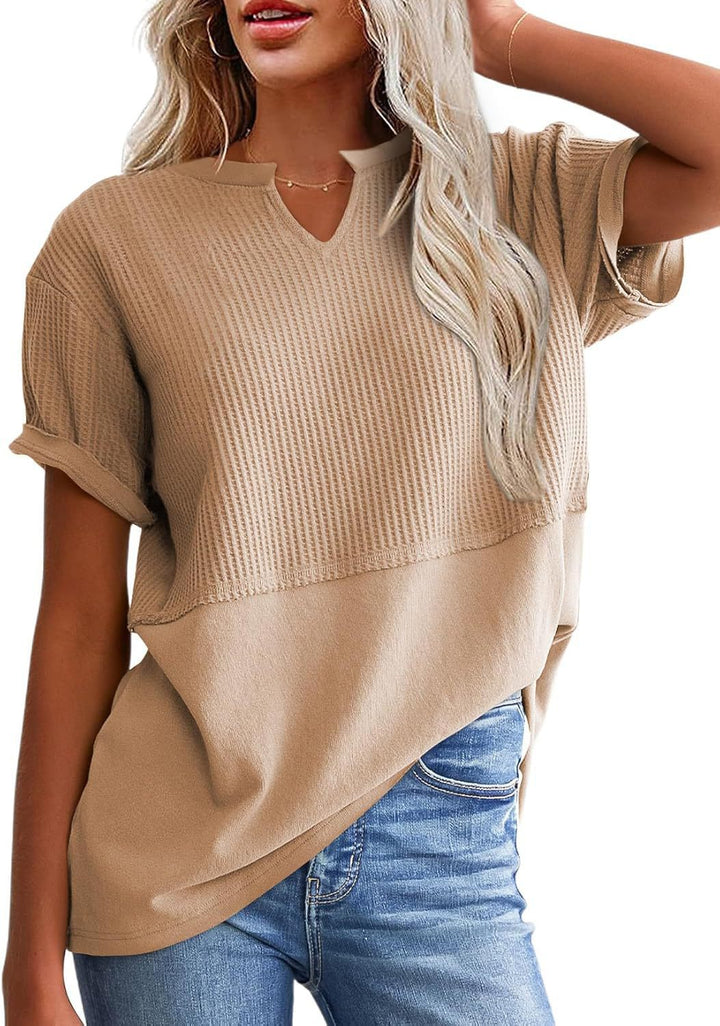 Waffle Knit Split-Neck Short Sleeve Top, Soft Textured Casual Tee