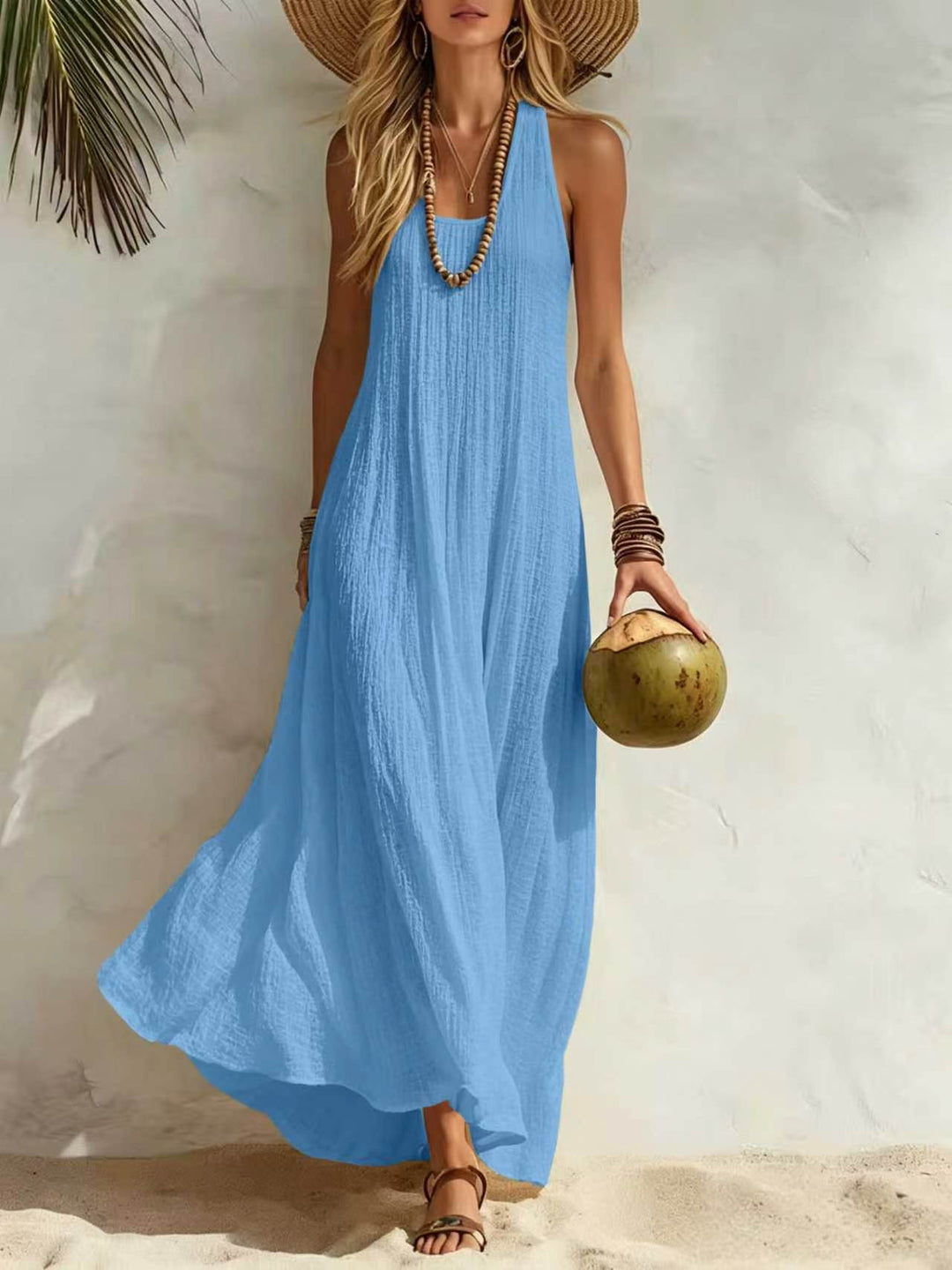 White Sleeveless Crinkled Linen-Blend Maxi Dress