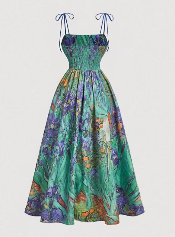Black Floral Tie-Strap Midi A-Line Dress