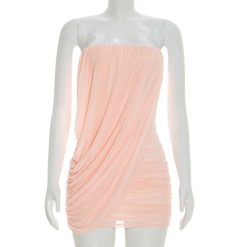 Ruched Mesh Strapless Bodycon Mini Dress
