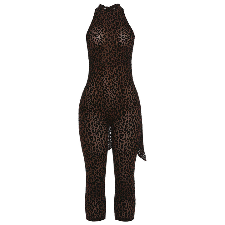 Leopard Print Halter Neck Bodycon Jumpsuit, Sleeveless Form-Fitting Catsuit for Women