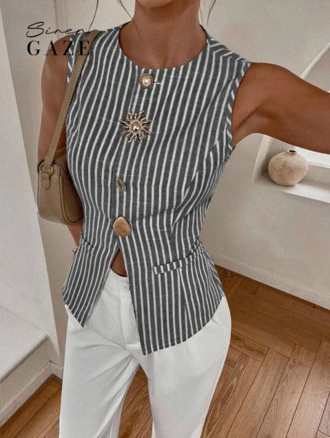 Striped Sleeveless Button-Front Waistcoat with Gold-Tone Hardware
