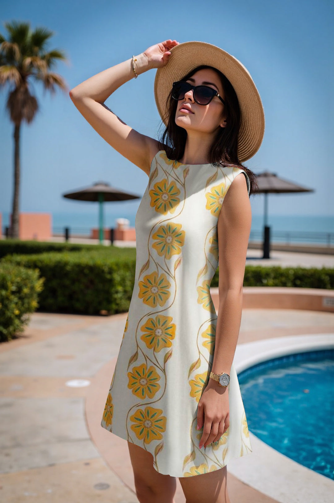 Beige Blue Floral Print Sleeveless A-Line Mini Dress