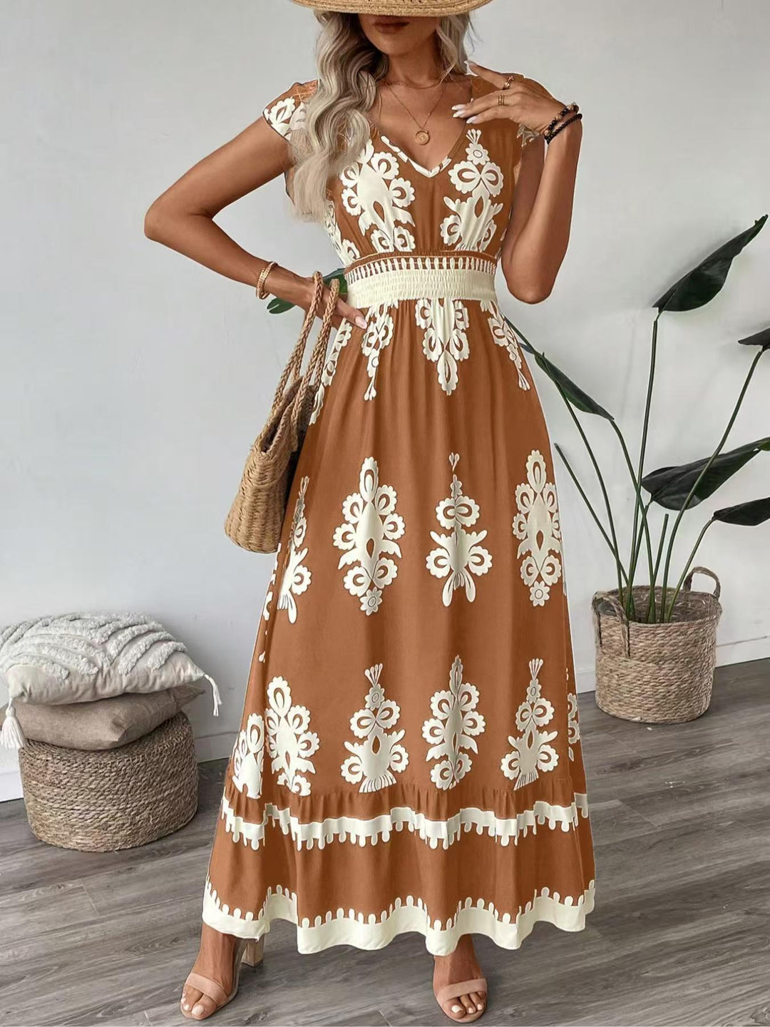 Navy Blue Printed Smocked Waist Maxi Dress