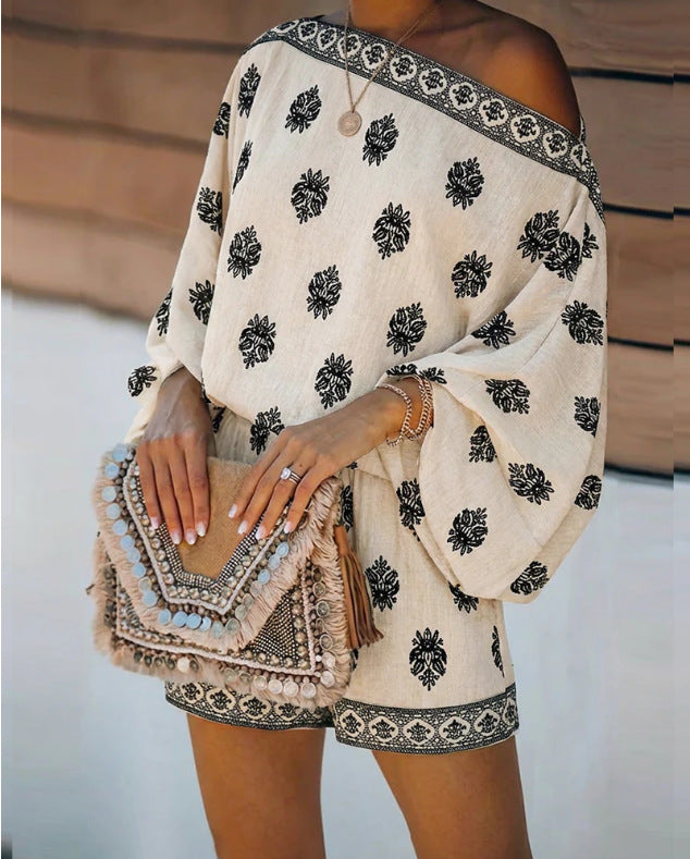 Off-Shoulder Embroidered Two-Piece Short Set | Boho Balloon Sleeve Summer Outfit