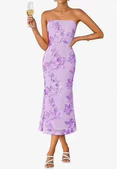 Light Blue Floral Strapless Midi Dress