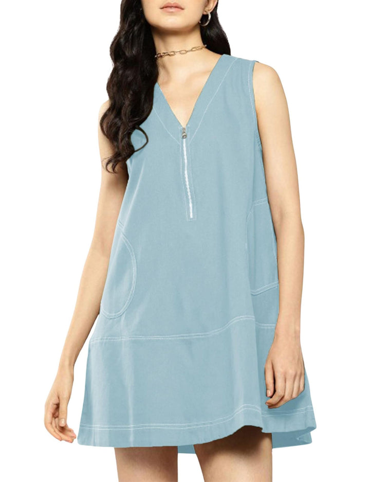 Sleeveless Shift Dress with Half-Zip Front &amp; Contrast Stitching