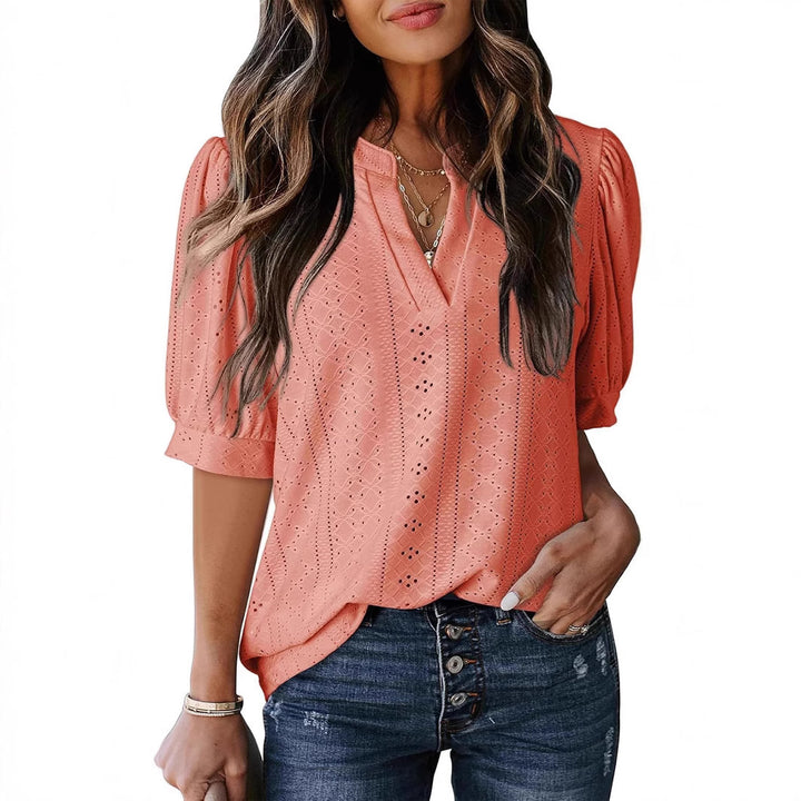 Eyelet Puff Sleeve Split Neck Blouse