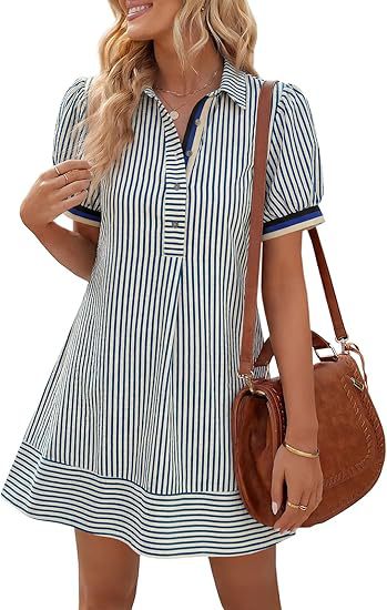 Blue and White Striped Puff Sleeve Shirt Dress