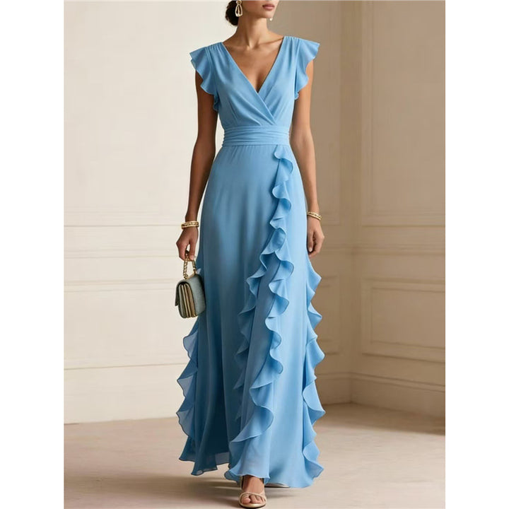 Ruffle Trim V-Neck Evening Maxi Dress