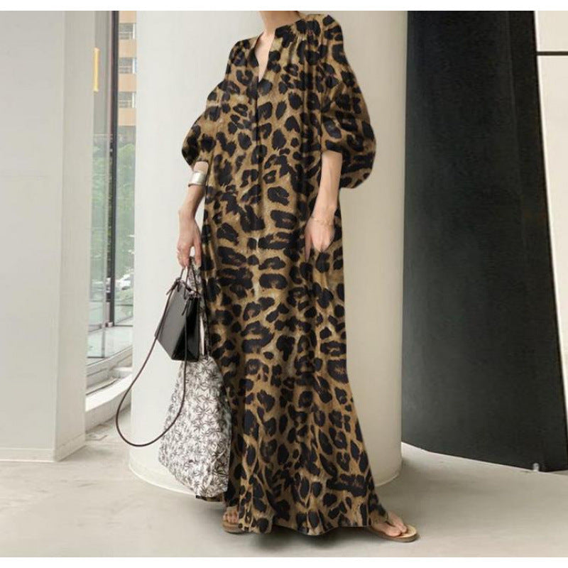 Leopard Print V-Neck Balloon Sleeve Maxi Dress