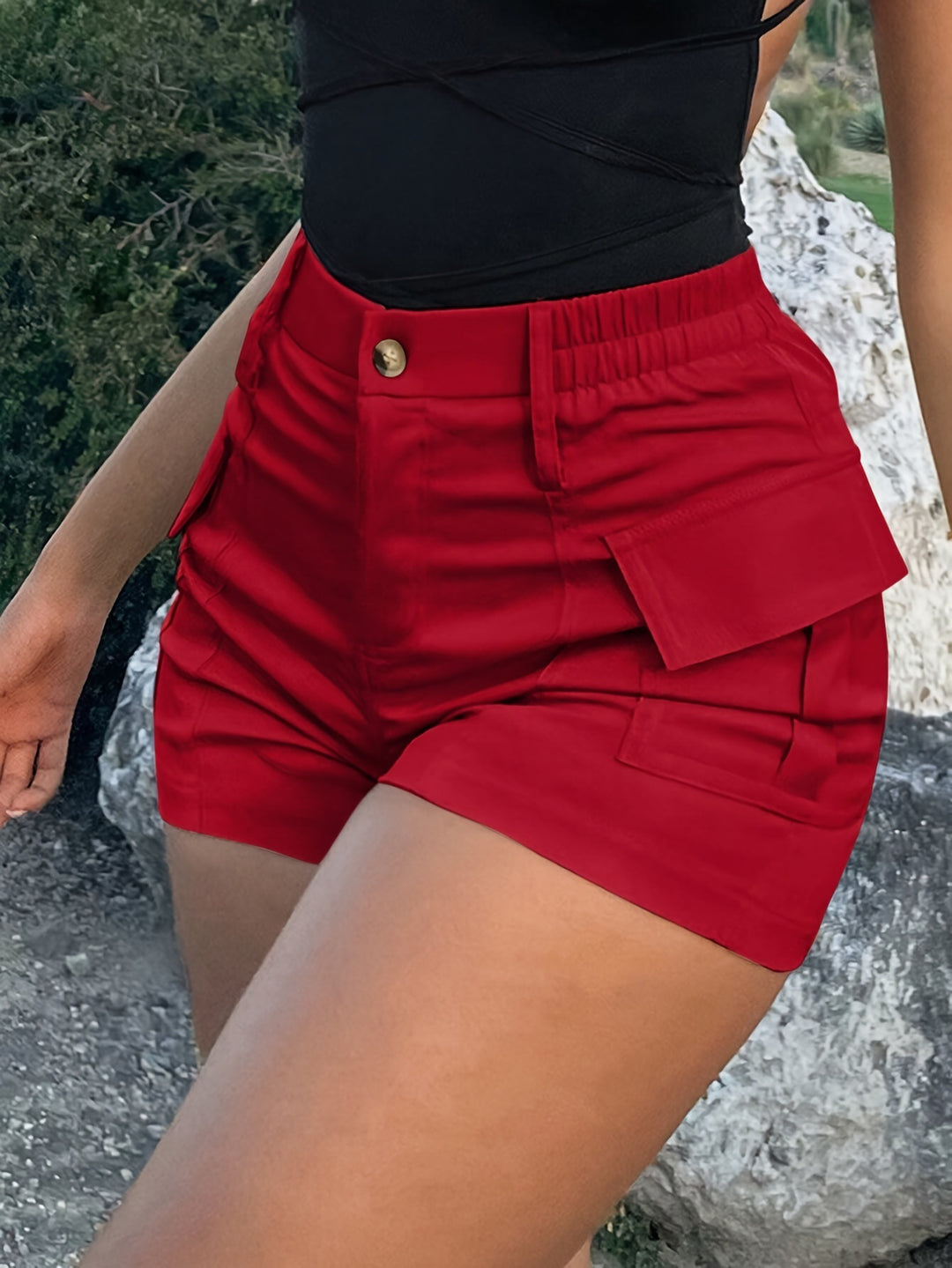 High Waist Cargo Shorts With Elastic Back Waist