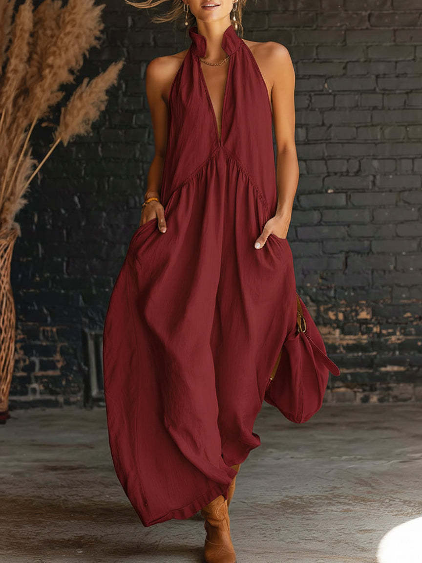 Beige Linen-Blend Halter Neck Maxi Dress