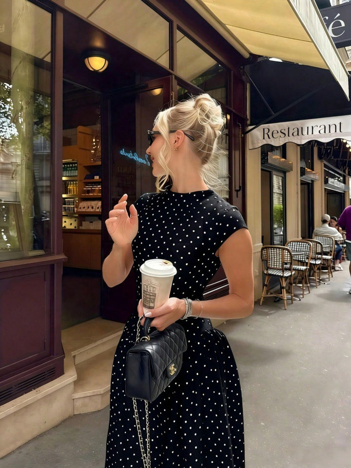 White Polka Dot Cap Sleeve Fit-and-Flare Midi Dress