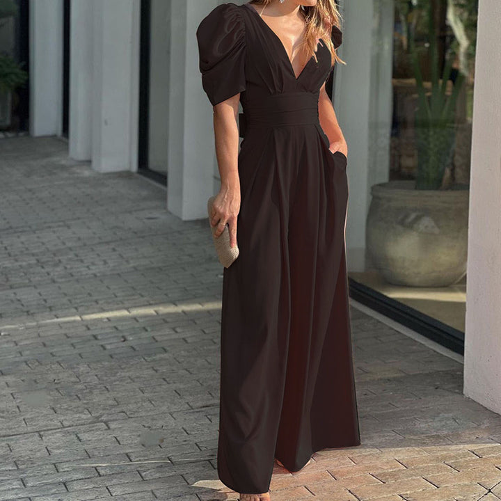 Puff Sleeve V-Neck Wide-Leg Jumpsuit