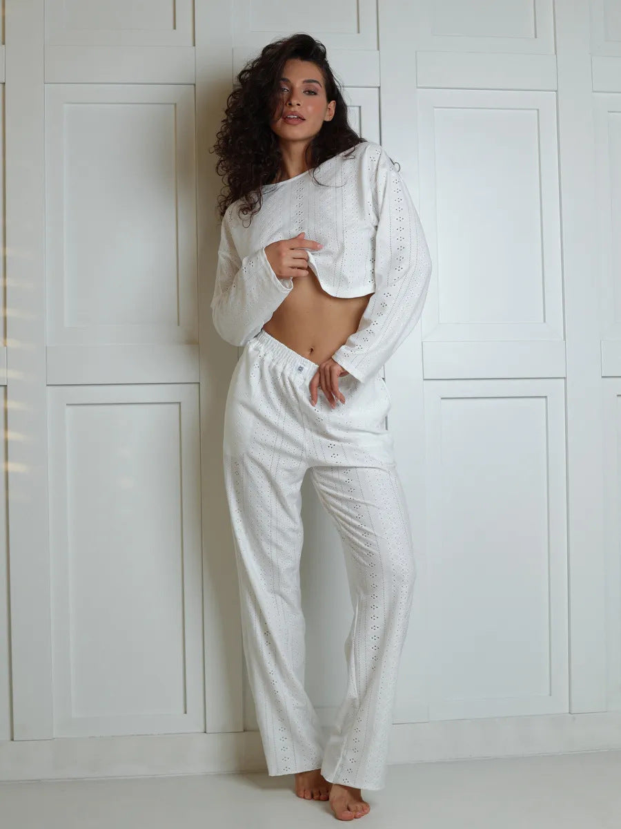 Eyelet Embroidered Two-Piece Lounge Set Soft comfort. Feminine detail. Everyday ease.