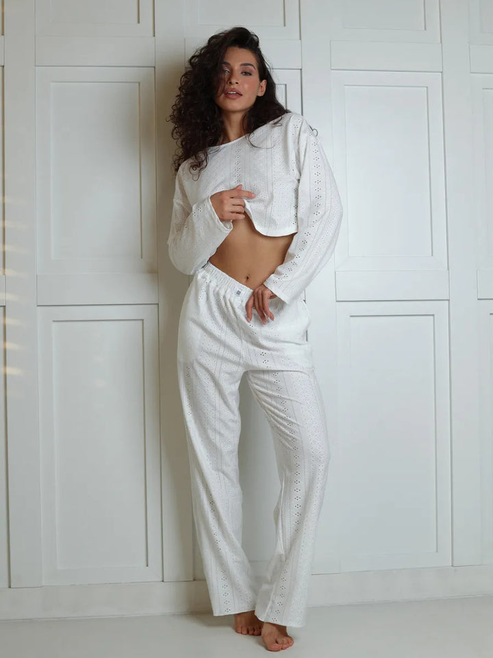 Eyelet Embroidered Two-Piece Lounge Set Soft comfort. Feminine detail. Everyday ease.