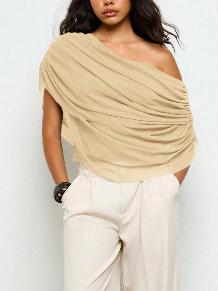 Asymmetric Off Shoulder Draped Mesh Sleeveless Blouse
