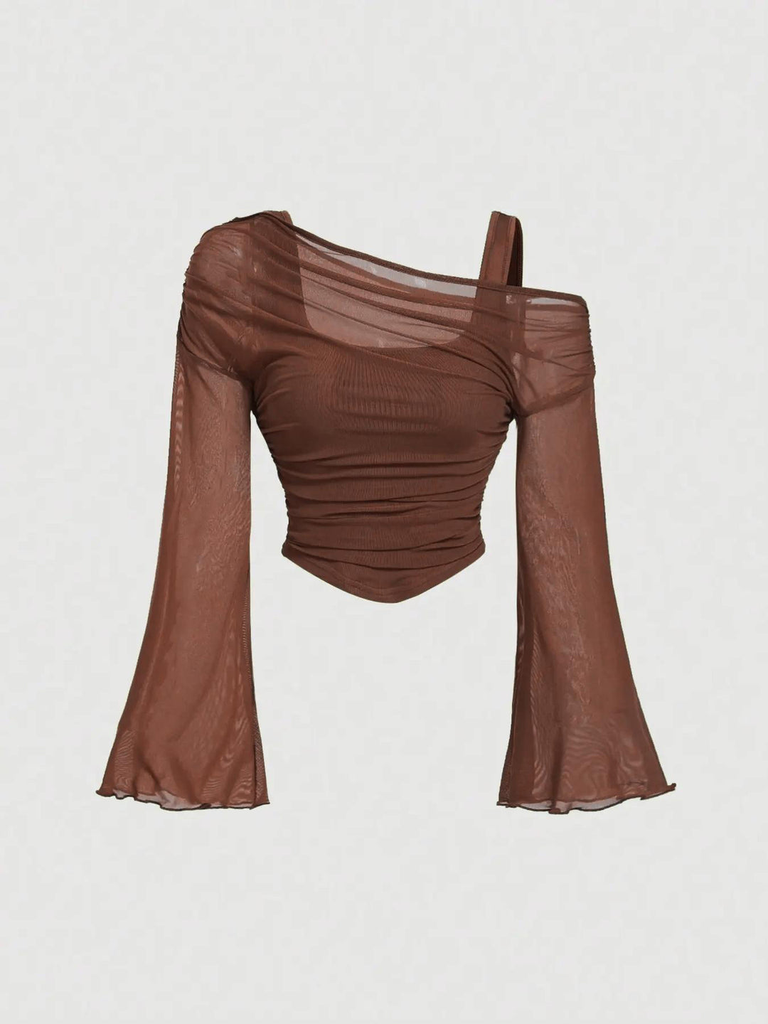 Off-Shoulder Mesh Flare Sleeve Cropped Top