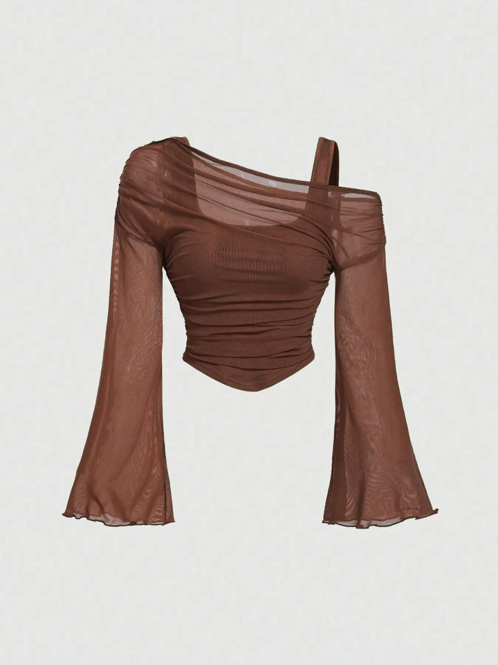 Off-Shoulder Mesh Flare Sleeve Cropped Top