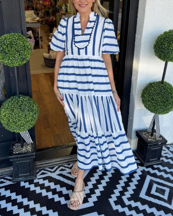 Blue &amp;amp; White Stripe Tiered Midi Dress