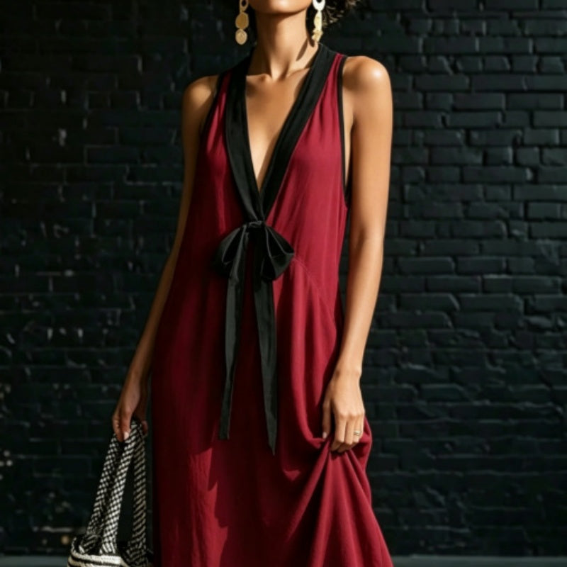 Contrast Trim V-Neck Tie-Front Maxi Dress