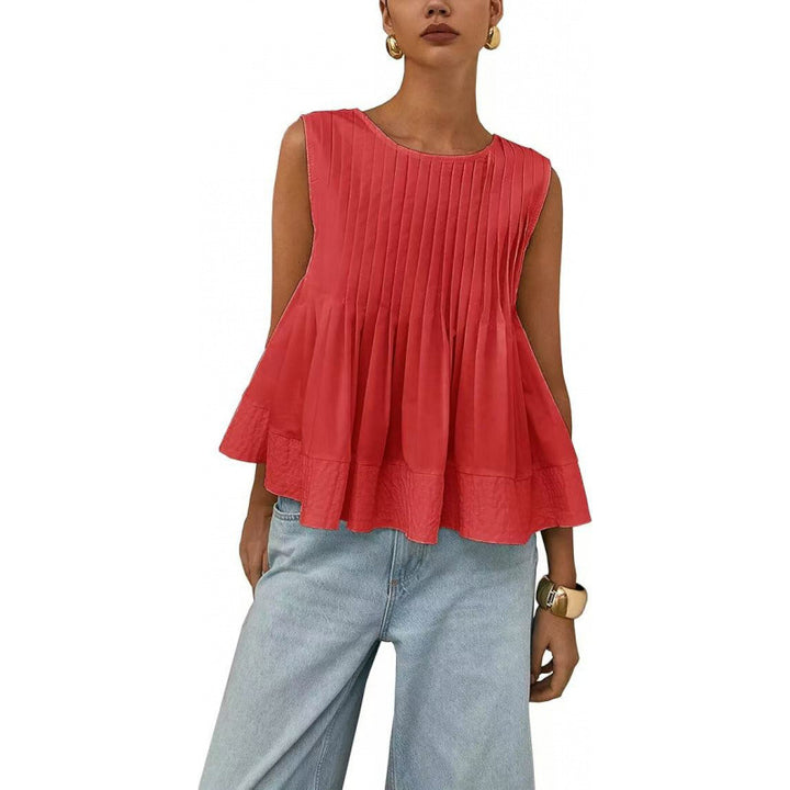 Pleated Peplum Sleeveless Blouse, Round Neck Flowy Summer Top