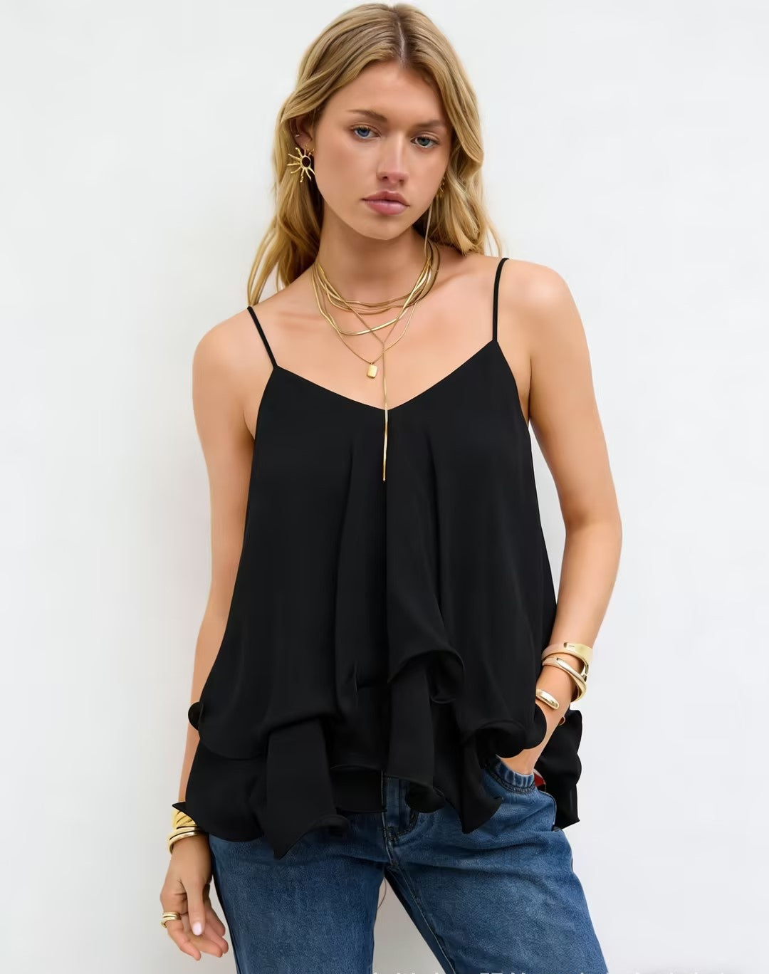 Mother’s Day Blush Pink Ruffle Cami Top | V-Neck Chiffon Tie-Back Babydoll Tank
