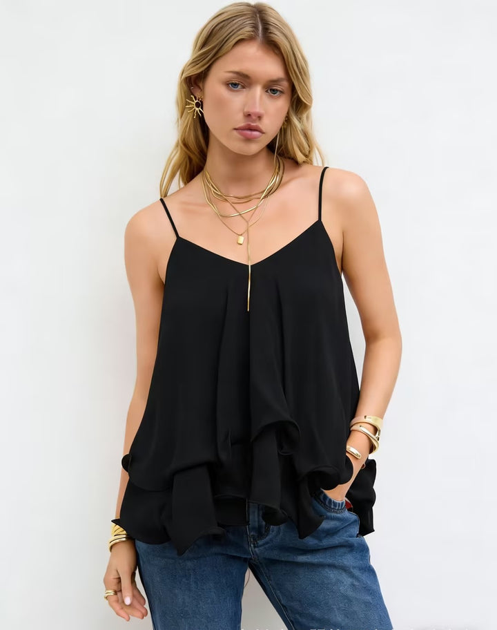 Mother’s Day Blush Pink Ruffle Cami Top | V-Neck Chiffon Tie-Back Babydoll Tank