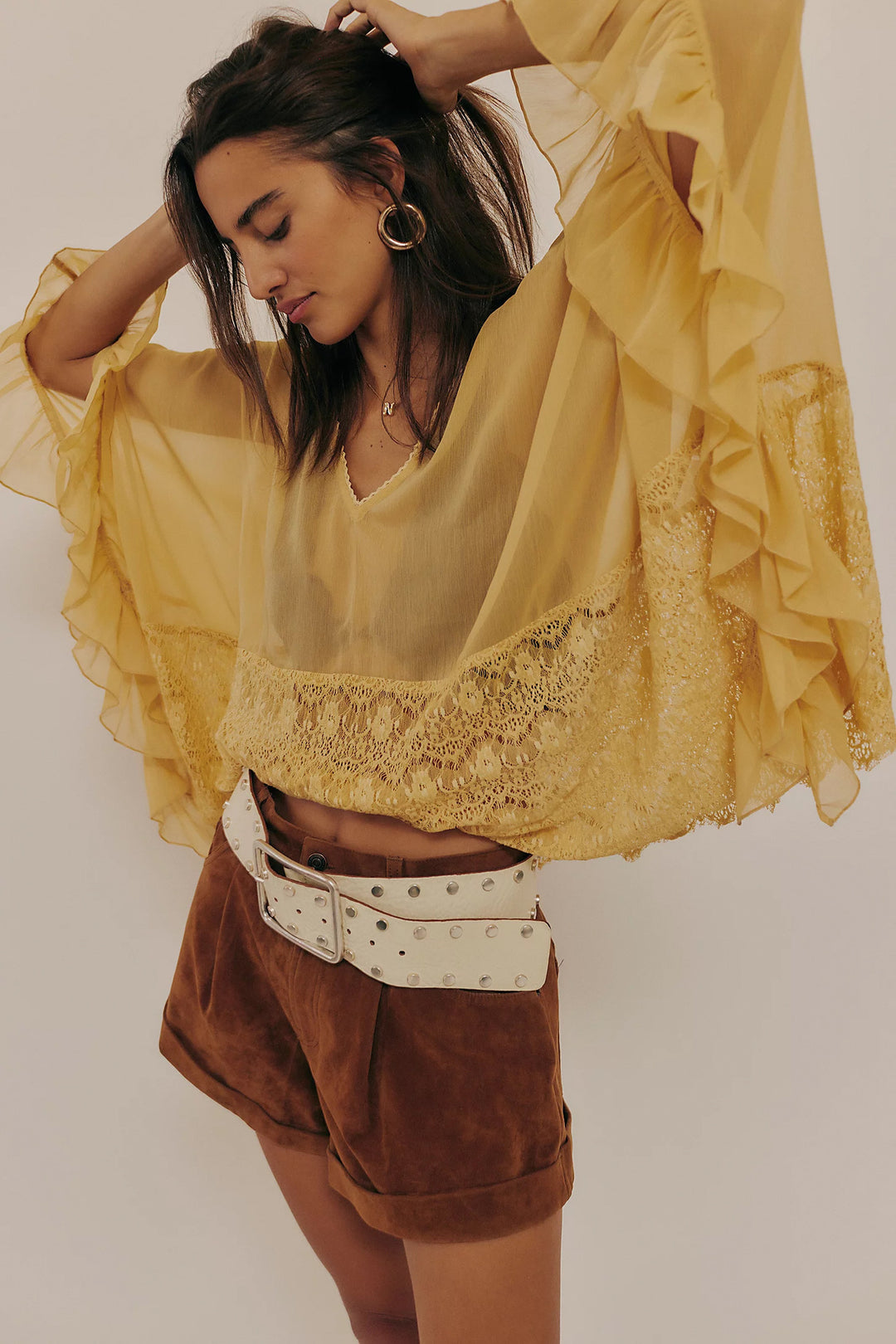 Boho Sheer Lace Ruffle Blouse