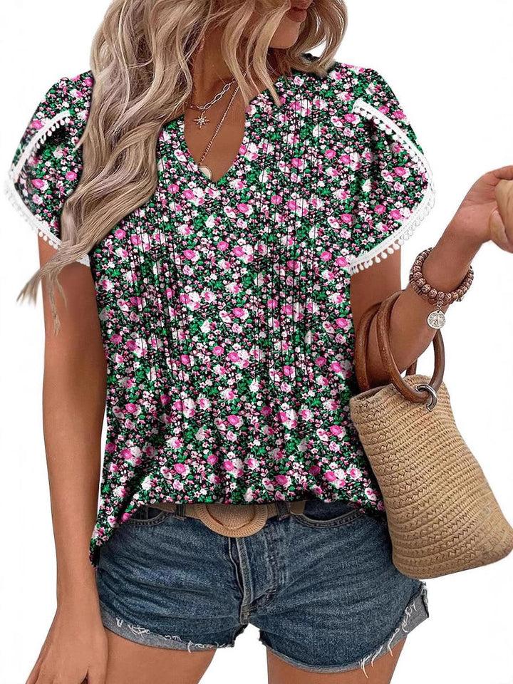 Paisley Print Lace Trim Short Sleeve Blouse