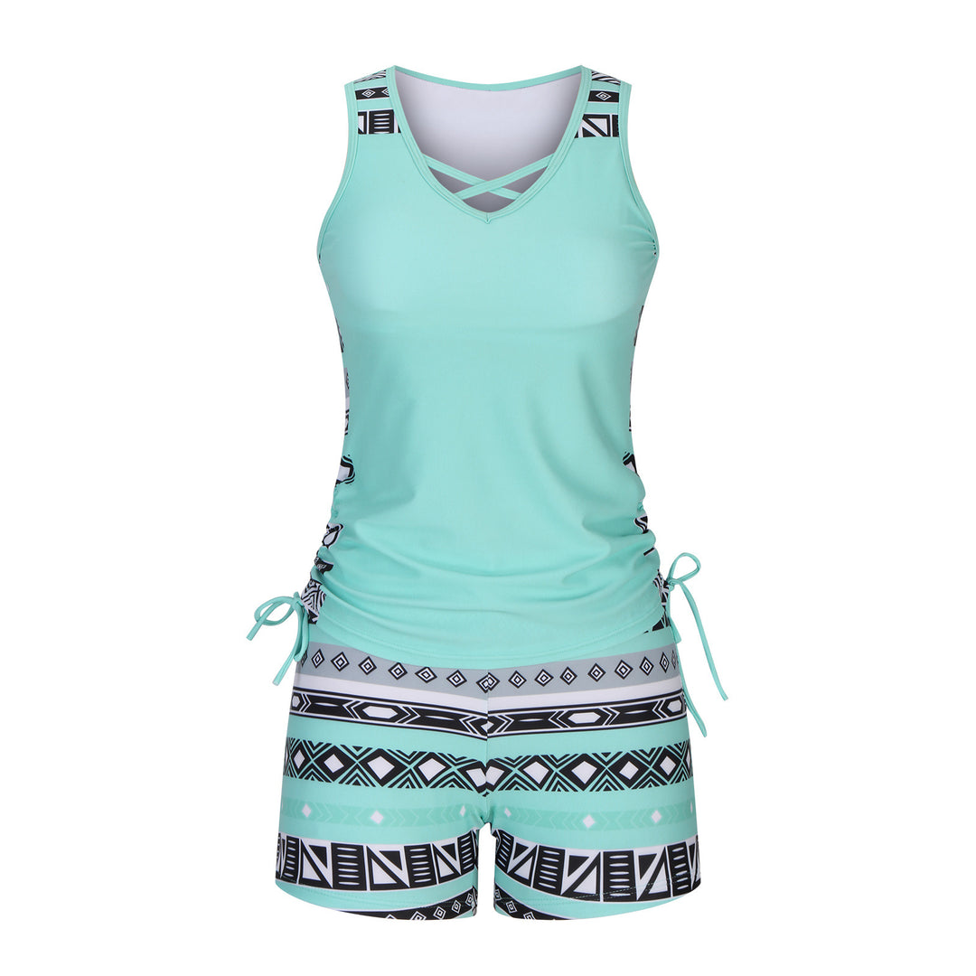 Women Fashion Two-Piece Tankini Set, Criss Cross &amp; Drawstring Design