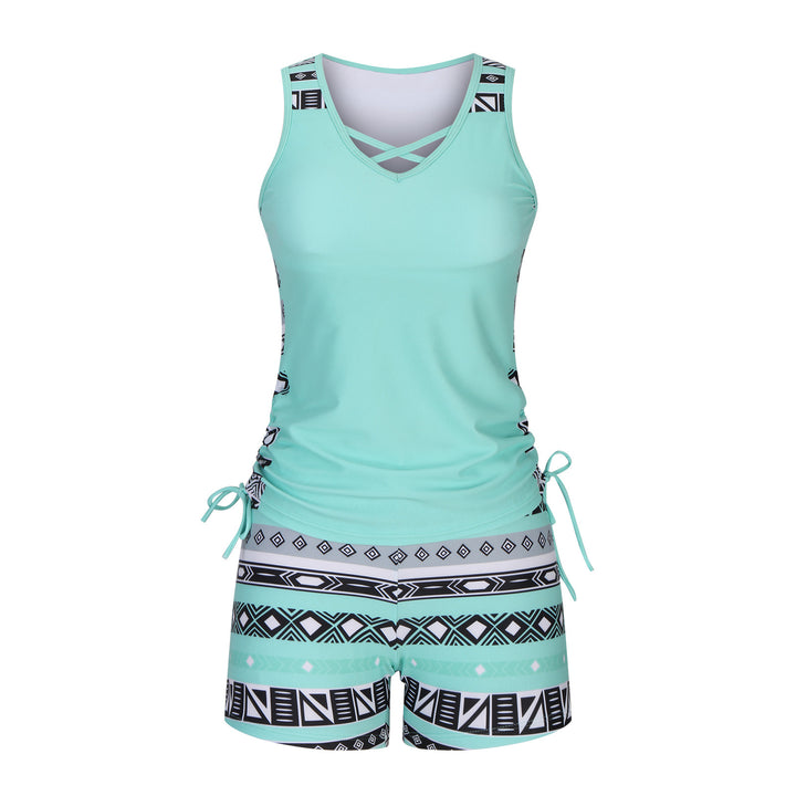 Women Fashion Two-Piece Tankini Set, Criss Cross &amp; Drawstring Design