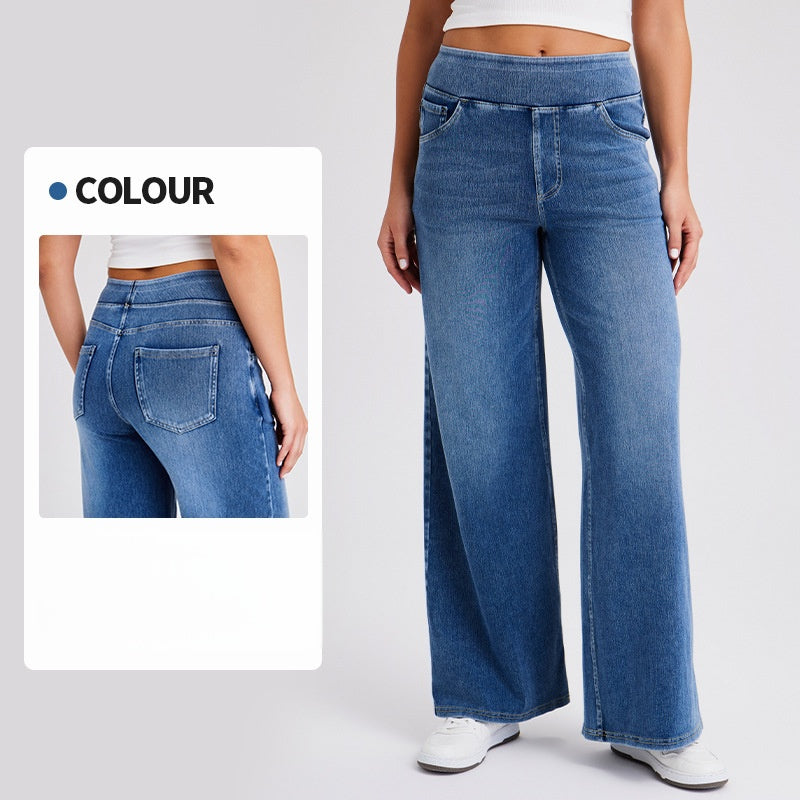 High-Waisted Stretch Pull-On Wide Leg Jeans | Ultra Comfort Soft Denim Pants
