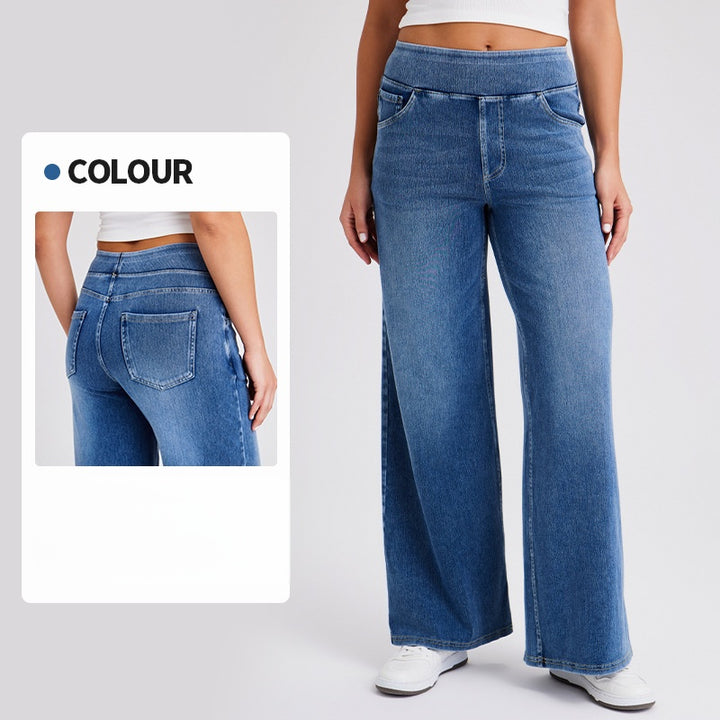 High-Waisted Stretch Pull-On Wide Leg Jeans | Ultra Comfort Soft Denim Pants