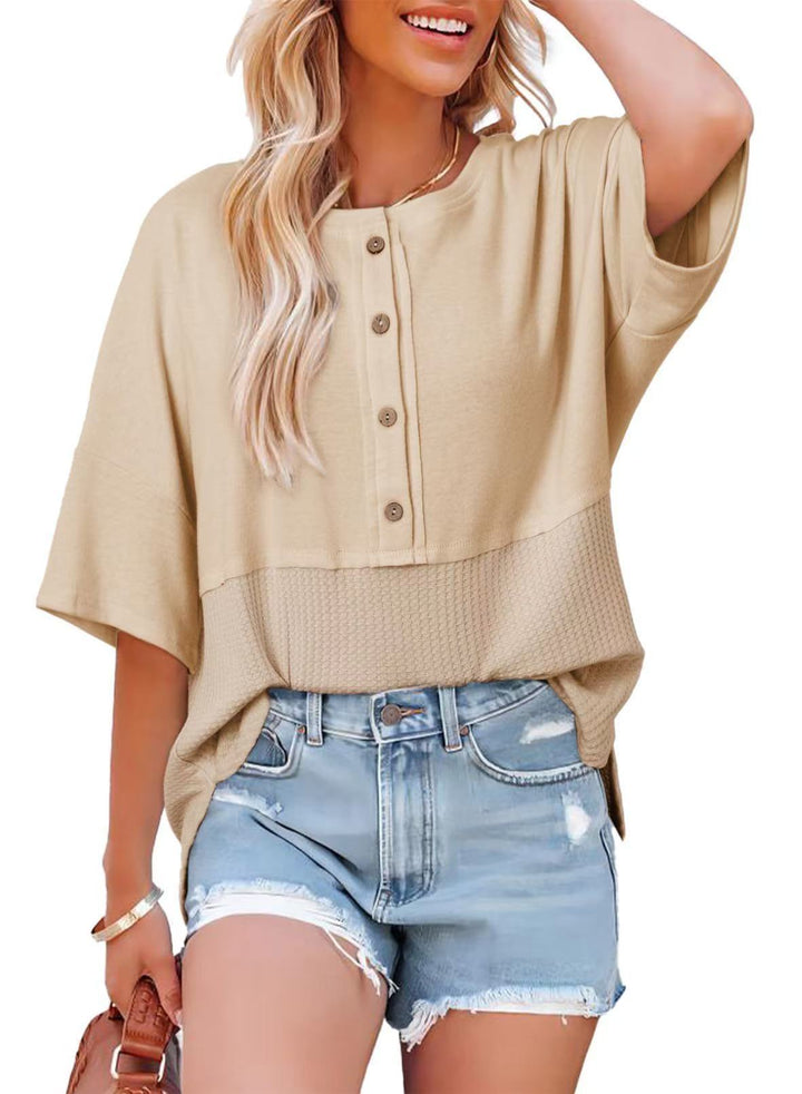 Olive Waffle Knit Henley Short Sleeve Top