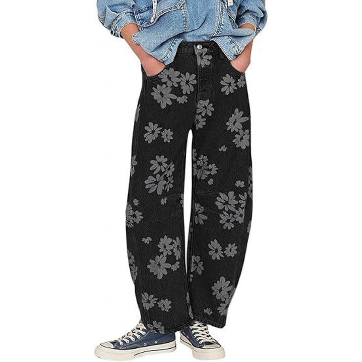 Women Y2k Distressed Barrel Jeans Baggy Wide Leg Jeans Floral Printed Boyfriend Patchwork Denim Pants