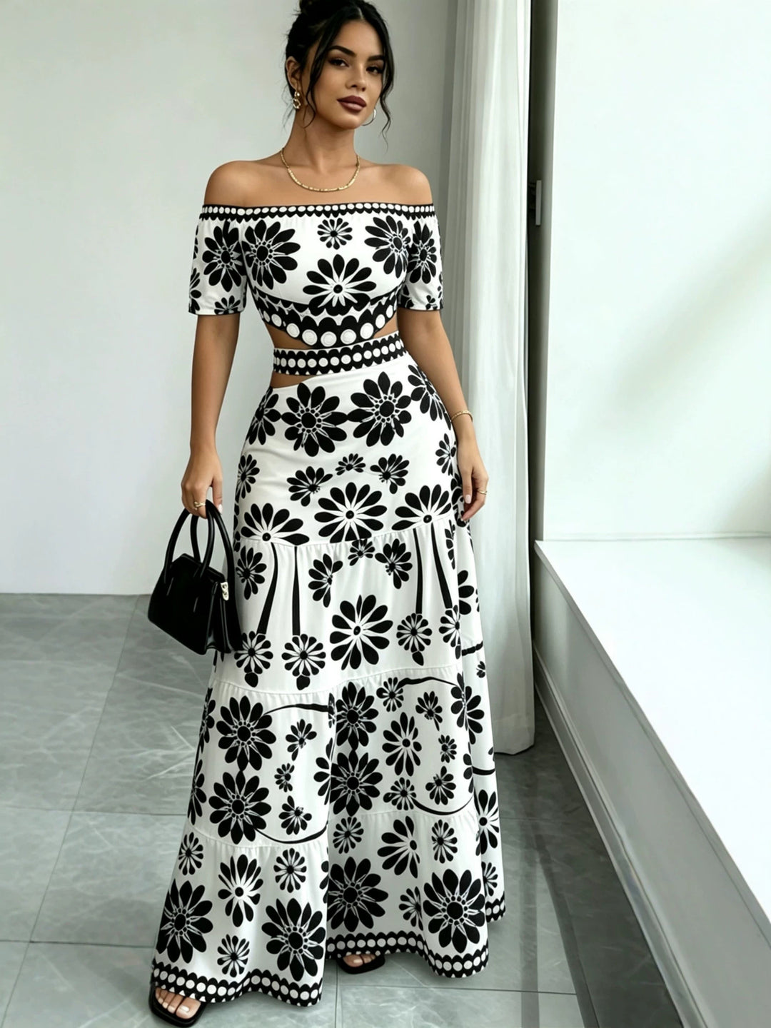 Floral Off-Shoulder Waist Cutout Dress