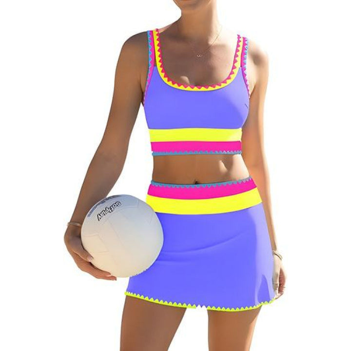 Neon Trim 3-Piece Tankini Swim Set with Skirt
