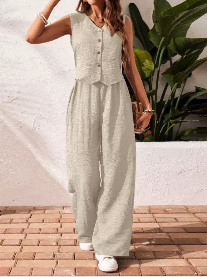 V-Neck Vest &amp; Wide-Leg Pants Two-Piece Set, Casual Loungewear Set for Women