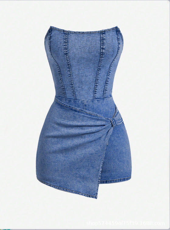 Strapless Denim Skort Romper