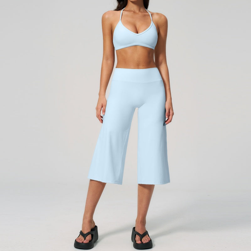 Halter V-Neck Crop Top High-Waist Culotte Pants Two-Piece Set