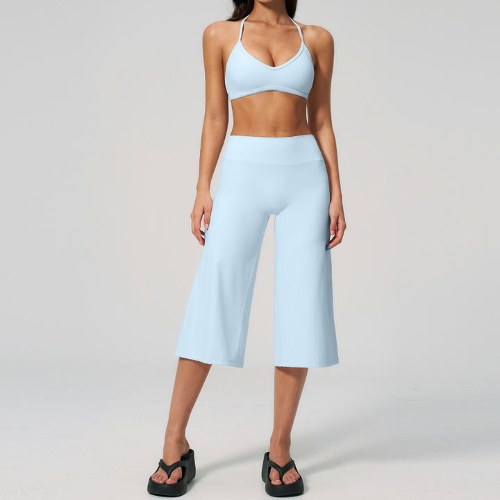 Halter V-Neck Crop Top High-Waist Culotte Pants Two-Piece Set