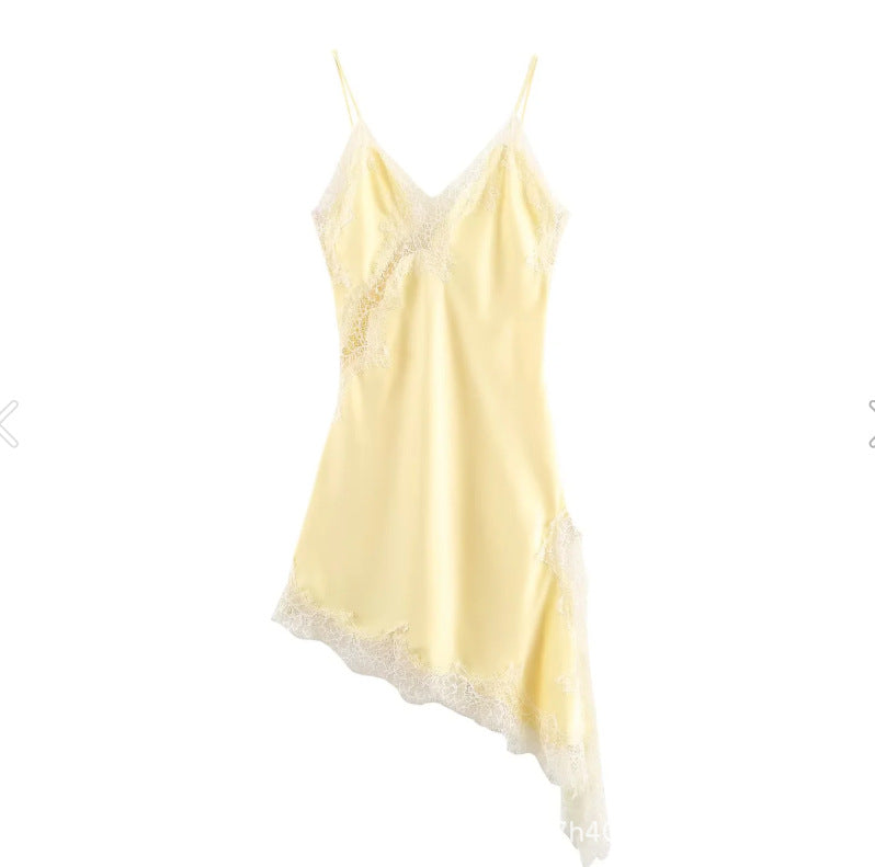 Lace Trim Satin Asymmetrical Slip Dress