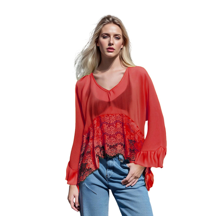 Boho Sheer Lace Ruffle Blouse