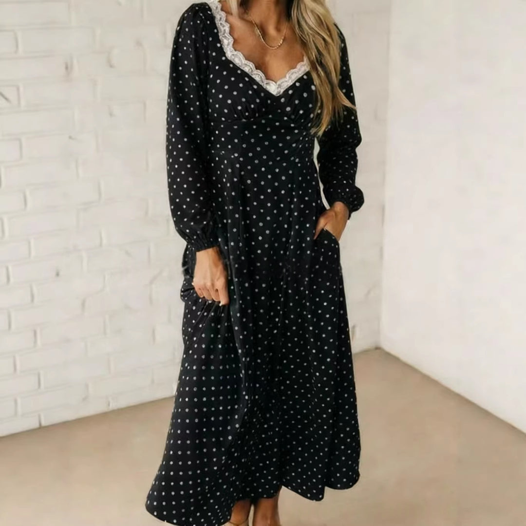 Polka Dot Lace Trim Midi Dress, V-Neck Puff Sleeve Smocked Back Summer Dress
