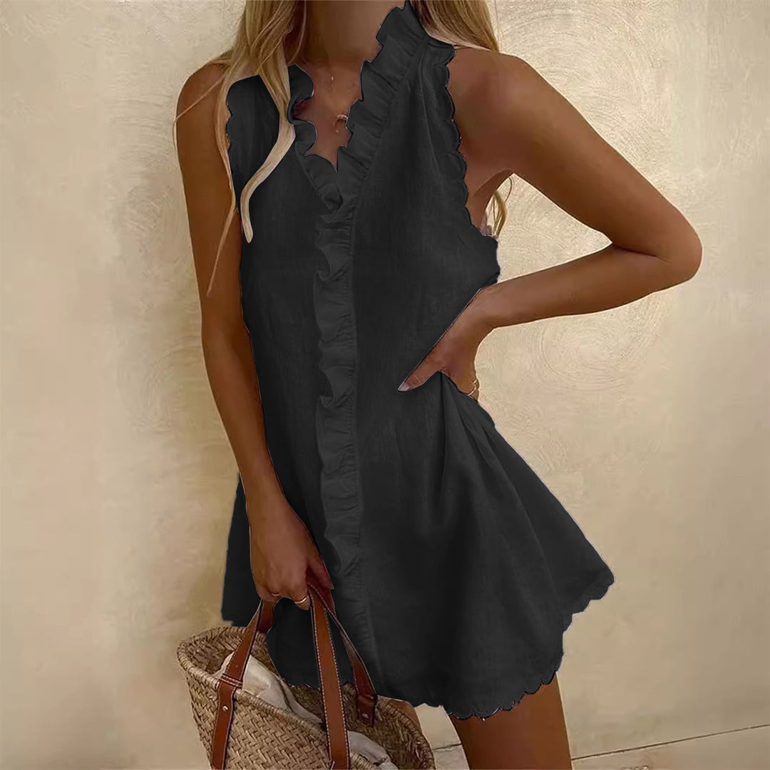 Ruffle Trim Linen-Blend Mini Dress